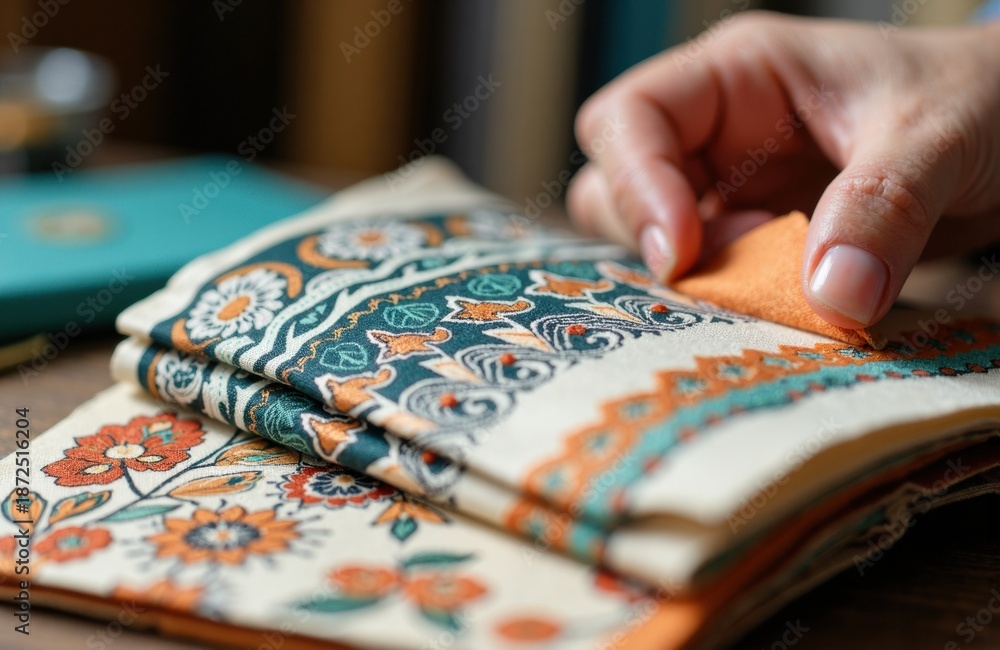 Fototapeta premium Hand touching folded patterned fabric with floral and geometric textile design