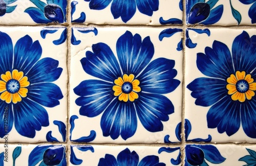 Blue floral ceramic tiles arranged in a repeating decorative pattern across wall