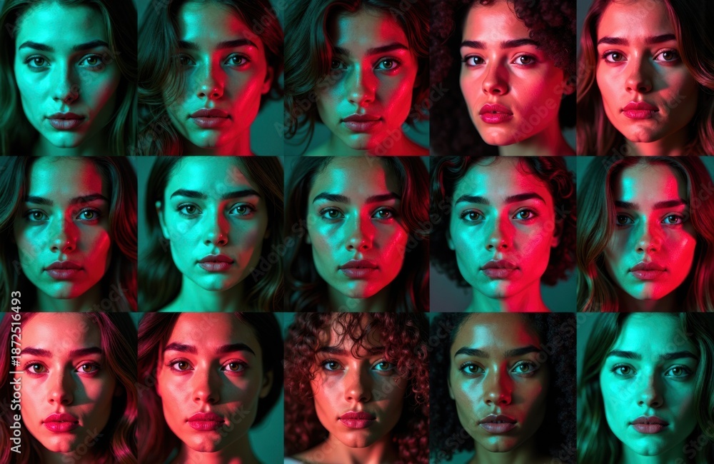 Fototapeta premium Woman portrait collage with colored lighting and varied facial expressions