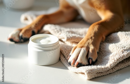 Dog paws resting beside open jar of grooming cream on a soft beige towel