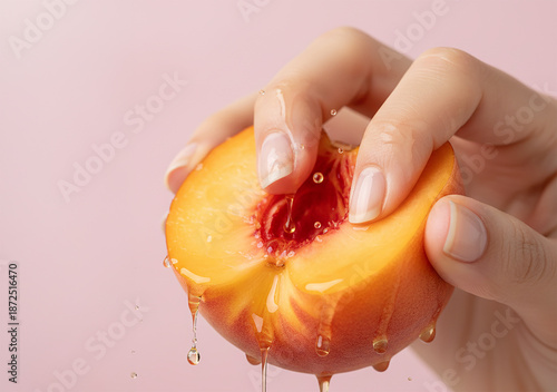 women's fingers dig into the flesh of a peach