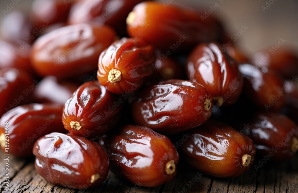 Obraz premium Dates fruit piled on a wooden surface with glossy texture and warm brown tones
