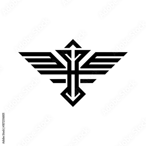 Winged arrow emblem suggesting direction, progress, and forward momentum with a strong central axis.