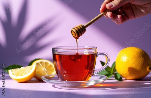 Glass cup of tea with honey drizzle and lemons on soft purple background