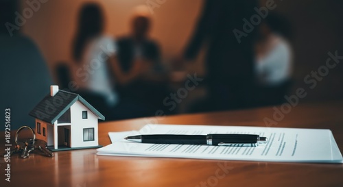 House model on real estate contract with keys and pen on polished table