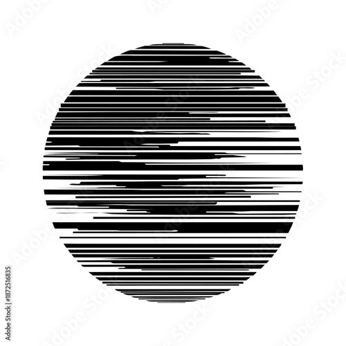 Striped circular shape evoking digital distortion, data flow, and signal interference.