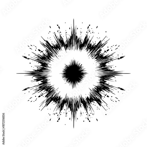 Radial burst form expressing explosive energy, impact, and sudden transformation.