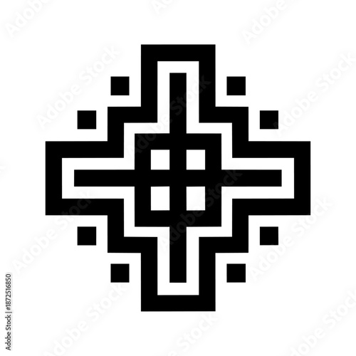 Geometric cross-like form built from stepped lines, expressing structure, stability, and digital order.