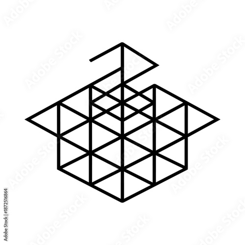 Geometric cube-like structure forming an abstract architectural and dimensional symbol.