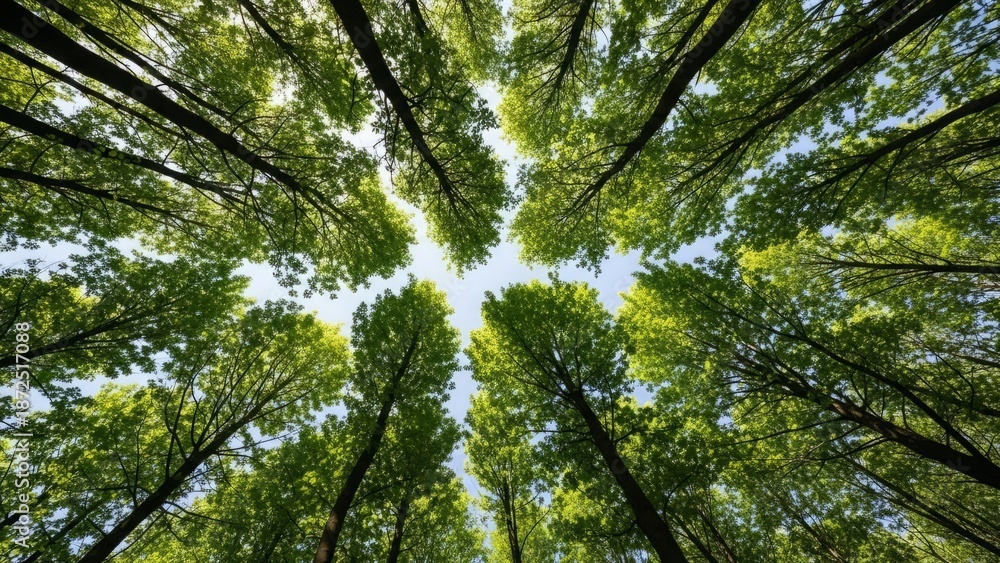 Fototapeta premium Looking up through a dense forest canopy with tall trees and vibrant green leaves