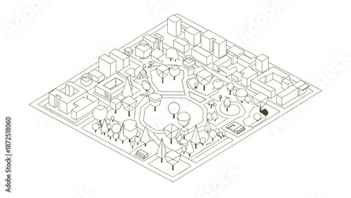 isometric city map illustration detailing urban planning green infrastructure parks and buildings for sustainable development projects