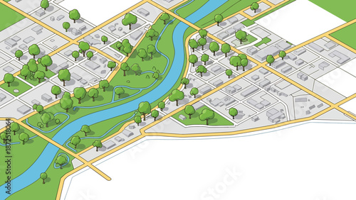 isometric city map illustration showing urban planning design with river parks and buildings for conceptual development projects