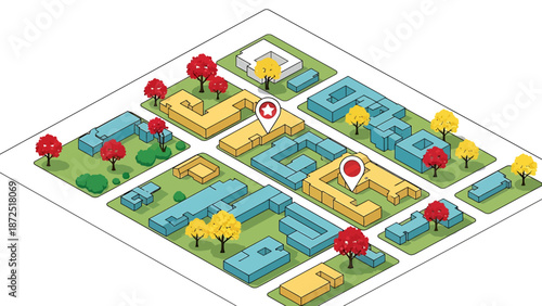 isometric city map illustration with navigation pins highlighting residential buildings architecture for urban planning and property development visuals