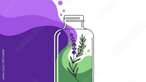 lavender essential oil bottle with rosemary in a natural fluid featuring abstract purple waves for health beauty and spa branding