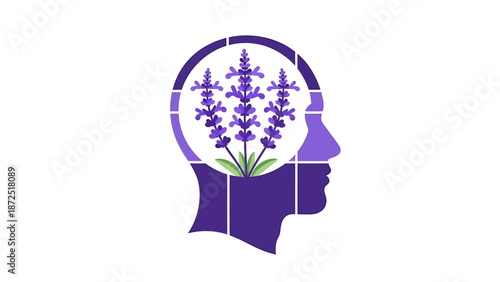 lavender flowers inside a human head depicting mental wellness natural calm aromatherapy benefits and holistic healing concepts
