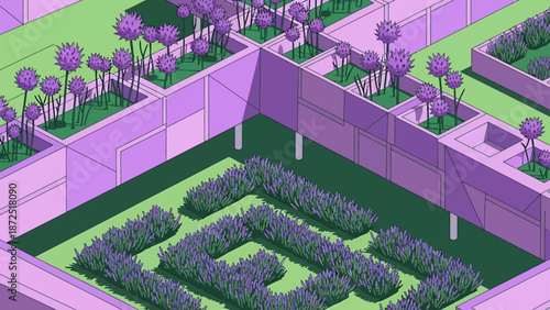 isometric urban garden design with geometric raised planters purple flowers and a tranquil lavender maze for sustainable city planning.