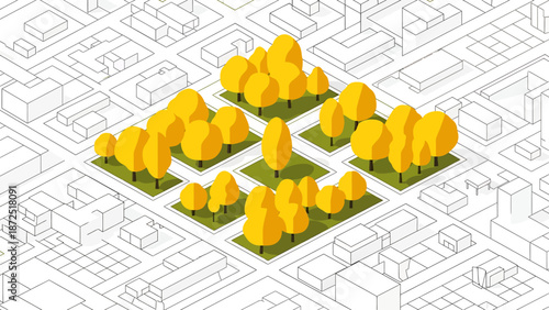 isometric urban map illustration showcasing green parks with autumn trees for sustainable city planning and ecological design concepts.
