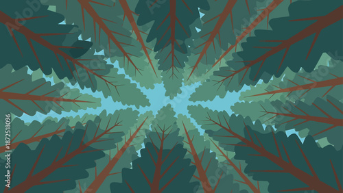 looking up through forest canopy vector illustration of tall green trees and bright blue sky perfect nature background for serene design projects.
