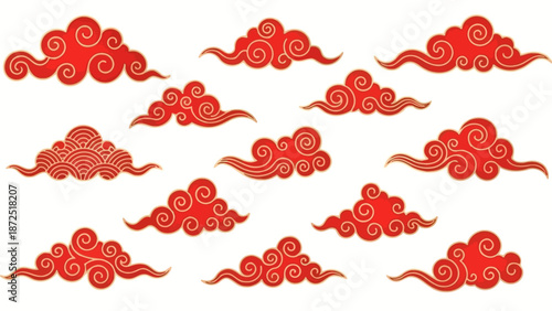 red asian auspicious clouds with traditional gold outlines and swirling patterns on a clean white background ideal for lunar new year designs.