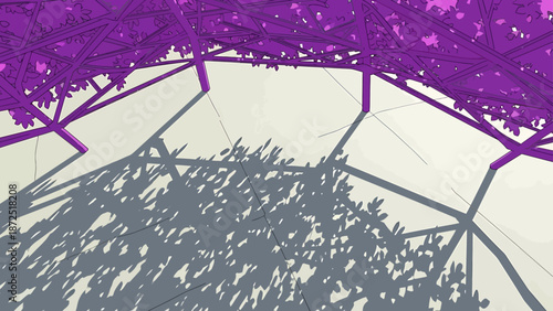 purple pergola shadows abstractly cover a sunny outdoor patio floor showcasing modern architectural design and natural light patterns for backgrounds.