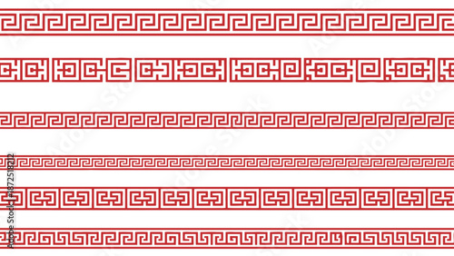 red geometric border patterns featuring classic greek key and chinese fret designs for graphic design projects and decorative backgrounds.