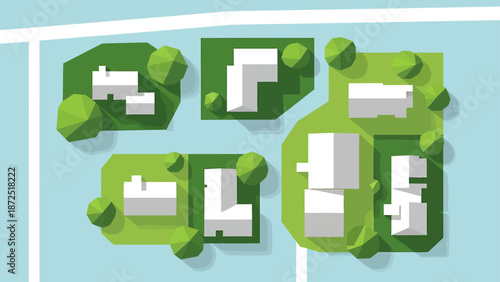 residential neighborhood aerial view of suburban homes on green plots useful for urban planning real estate and design plans.