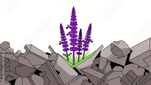 resilience and growth with purple flowers emerging from concrete rubble symbolizing new beginnings hope and overcoming adversity after destruction.