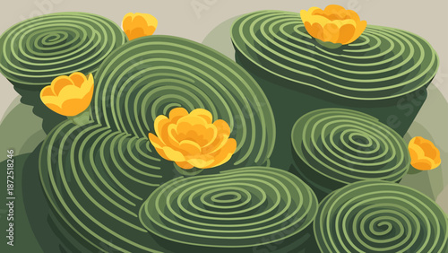 stylized cactus plants with vibrant yellow flowers blooming in an abstract desert landscape illustration useful for botanical graphic design.