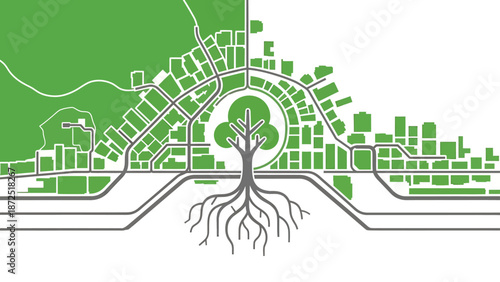 sustainable city map with green urban planning integrated infrastructure and nature elements symbolizing ecological balance for modern design concepts.