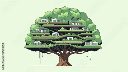 sustainable living architecture illustrating modern eco-friendly housing solutions integrated within a massive green tree for environmental design concepts.