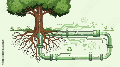 sustainable technology connecting tree roots with digital pipelines and circuits symbolizing environmental resource management.