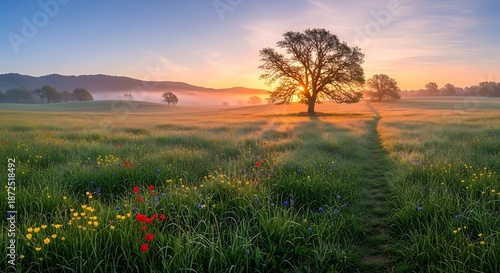 Tranquil landscape scene with tree at sunrise or sunset in field
