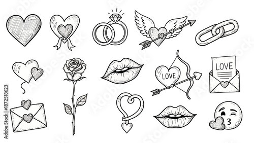 Collection of Valentines Day Symbols and Icons Hand Drawn Sketch Style.