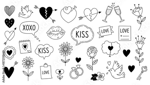 Hand drawn doodle collection of love and romance symbols for Valentines Day.