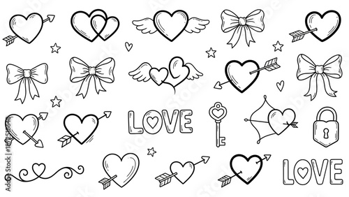 Hand drawn doodle collection of romantic love symbols and elements.