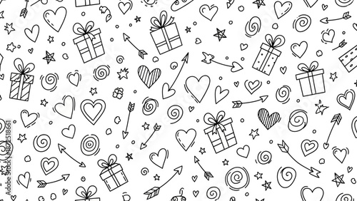 Hand drawn doodle pattern featuring hearts gifts and arrows.