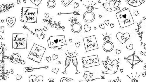 Hand drawn doodle seamless pattern with various love and romance symbols.