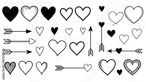 Hand Drawn Hearts and Arrows Collection Valentine Day Elements.