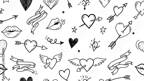 Hand drawn doodle style seamless pattern with hearts and arrows.