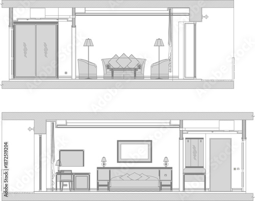 Technical architectural interior elevation of a luxury hotel room and living area, featuring furniture and lighting details.