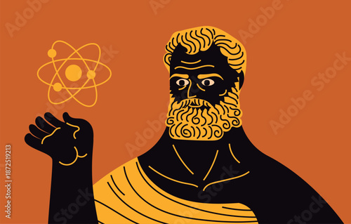 ancient greek democritus holding an atom