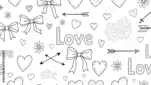 Hand Drawn Love Symbols and Romantic Elements Seamless Pattern.