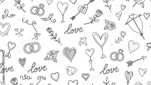 Hand Drawn Romantic Symbols and Love Elements Seamless Pattern.