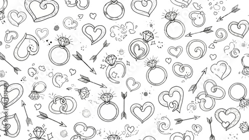 Hand drawn romantic love symbols pattern with hearts rings and arrows.