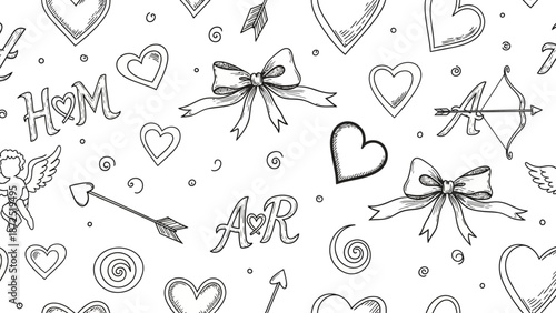 Hand Drawn Romantic Valentine Elements Seamless Pattern.