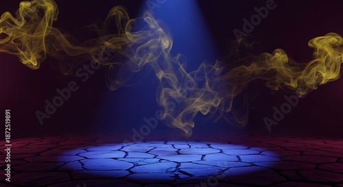 Mystical golden smoke ascending over a fractured platform, bathed in light