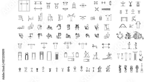 Comprehensive technical architectural vector set of gym equipment icons, including workout machines and cardio silhouettes.