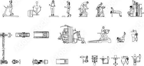 Technical architectural vector of gym equipment and workout activities, featuring side elevations and top-view floor plans.