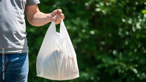 A man holds a white plastic bag, showcasing a simple and convenient solution for carrying items, perfect for conveying ease and practicality in daily life.