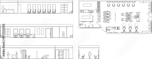 Technical architectural vector of a hair salon layout, featuring top-view floor plans and side elevation of styling stations.
